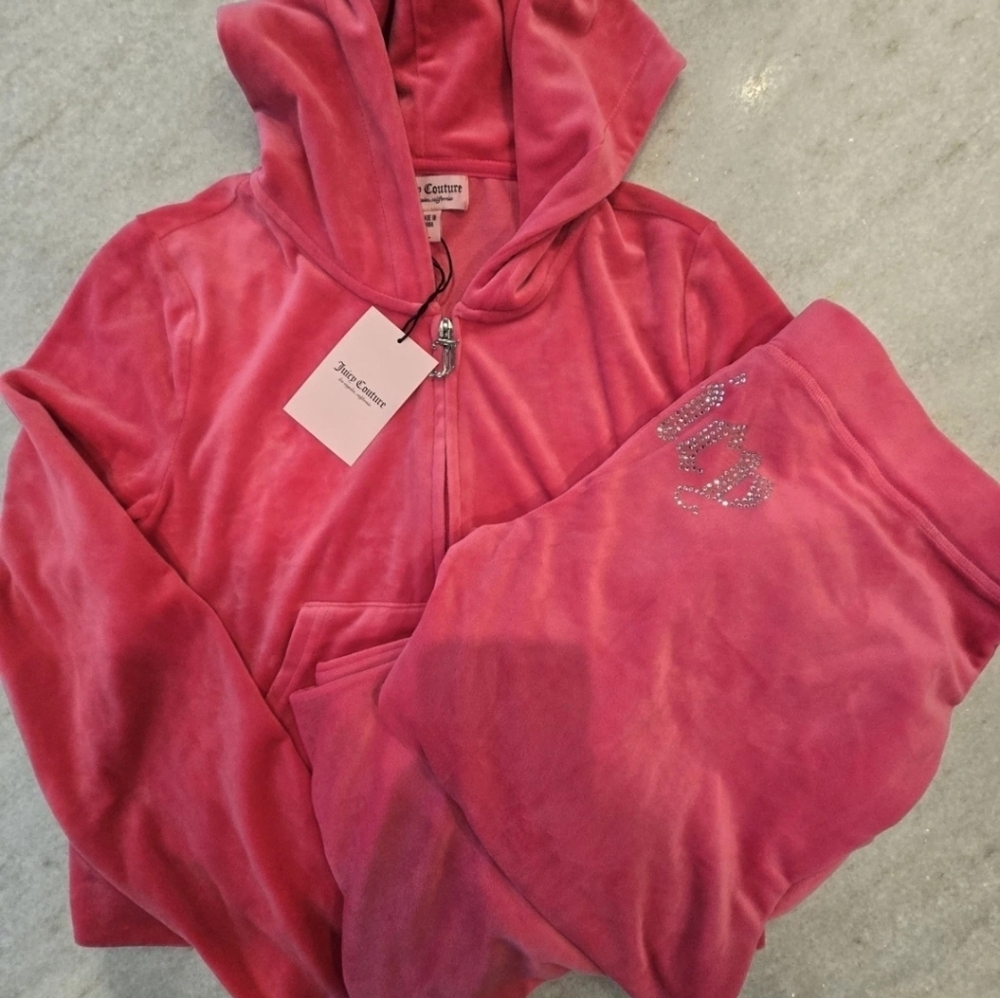 Juicy Couture Size Large Pink Party Bling Tracksuit Hoodie & Pants Rare New